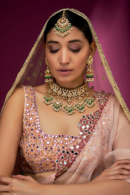 Gold Finish Yellow & Mint Kundan Polki Choker Necklace Set