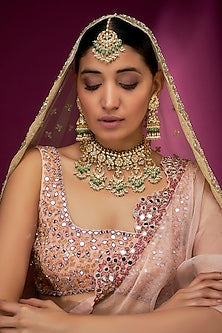Gold Finish Yellow & Mint Kundan Polki Choker Necklace Set