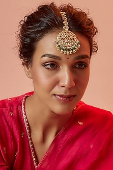 Gold Finish Yellow Kundan Polki Maangtikka