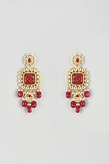 Gold Finish Yellow Kundan Polki & Ruby Dangler Earrings