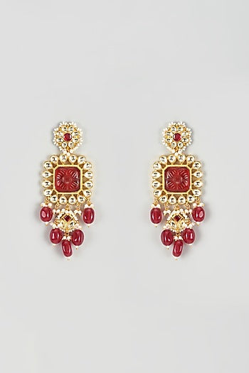Gold Finish Yellow Kundan Polki & Ruby Dangler Earrings