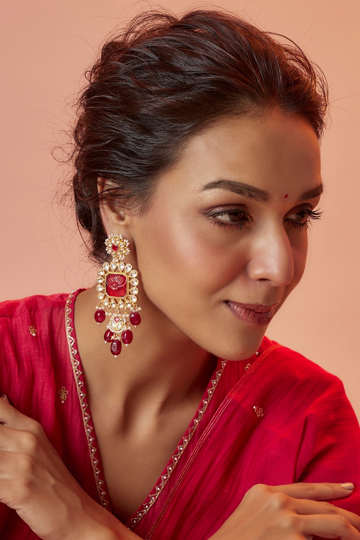 Gold Finish Yellow Kundan Polki & Ruby Dangler Earrings