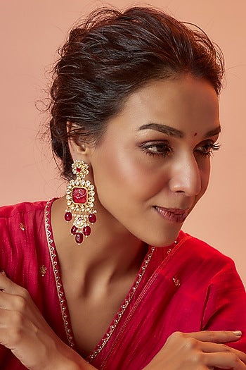Gold Finish Yellow Kundan Polki & Ruby Dangler Earrings