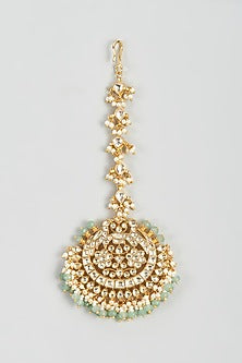 Gold Finish Yellow Kundan Polki & Mint Stone Maangtikka