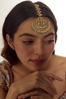 Gold Finish Yellow Kundan Polki & Mint Stone Maangtikka