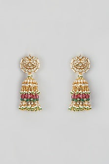 Gold Finish Yellow Kundan Polki & Maroon Stone Dangler Earrings