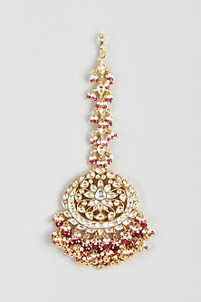 Gold Finish Yellow Kundan Polki & Maroon Stone Maangtikka