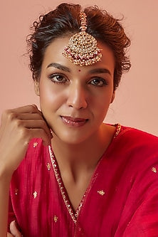 Gold Finish Yellow Kundan Polki & Maroon Stone Maangtikka