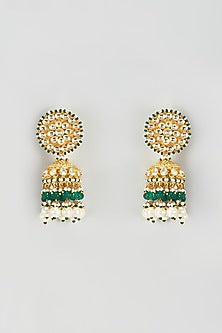 Gold Finish Yellow Kundan Polki & Green Pearl Dangler Earrings
