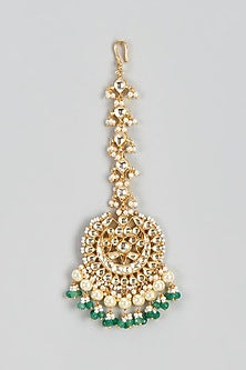 Gold Finish Yellow Kundan Polki & Green Pearl Maangtikka