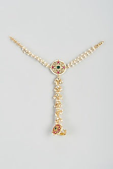 Gold Finish Yellow Kundan Polki Hathphools (Set Of 2)