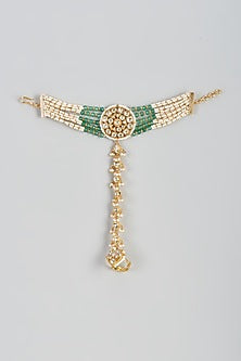 Gold Finish Yellow Kundan Polki & Mint Pearl Hathphools (Set Of 2)