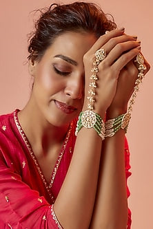 Gold Finish Yellow Kundan Polki & Mint Pearl Hathphools (Set Of 2)