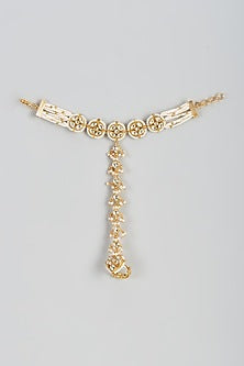 Gold Finish Yellow Kundan Polki & Pearl Hathphools (Set Of 2)