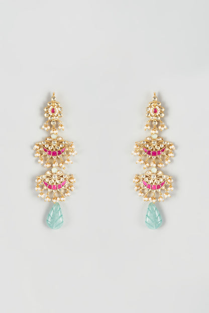 Gold Finish Kundan Polki & Ruby Dangler Earrings
