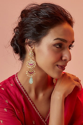 Gold Finish Kundan Polki & Ruby Dangler Earrings
