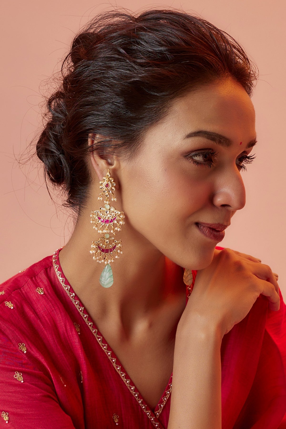 Gold Finish Kundan Polki & Ruby Dangler Earrings