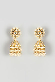 Gold Finish Kundan Polki & Pearl Jhumka Earrings
