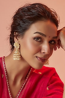 Gold Finish Kundan Polki & Pearl Jhumka Earrings