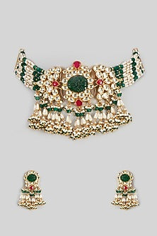 Gold Finish Green Beads & Kundan Polki Choker Necklace Set