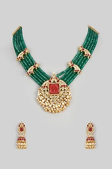 Gold Finish Red Stone & Kundan Polki Choker Necklace Set