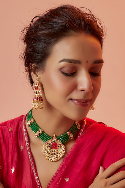 Gold Finish Red Stone & Kundan Polki Choker Necklace Set