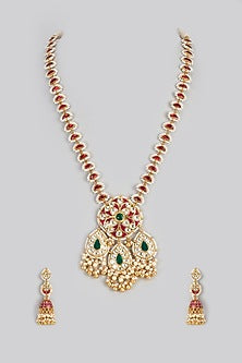 Gold Finish Red Stone & Kundan Polki Mala Set