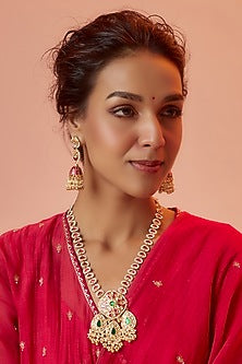 Gold Finish Red Stone & Kundan Polki Mala Set