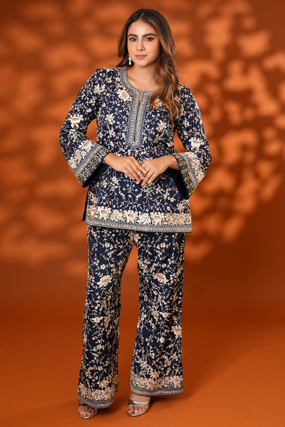 Midnight Blue Pure Silk Kundan Hand Embroidered Kurta Set