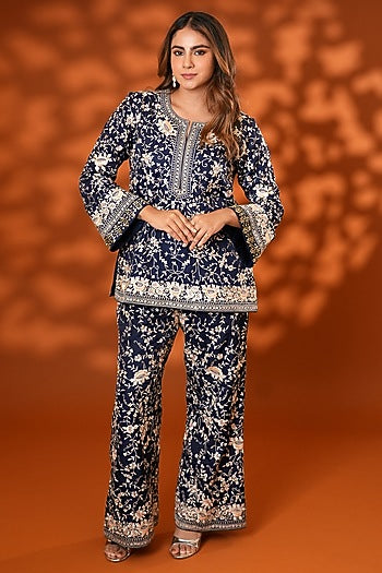 Midnight Blue Pure Silk Kundan Hand Embroidered Kurta Set