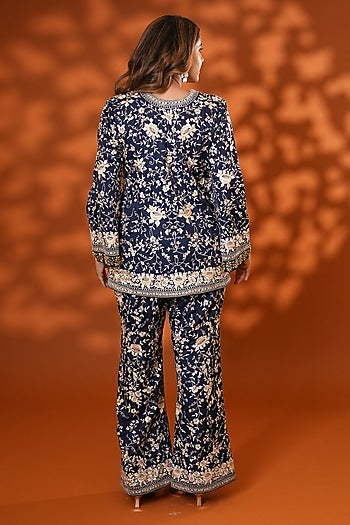 Midnight Blue Pure Silk Kundan Hand Embroidered Kurta Set