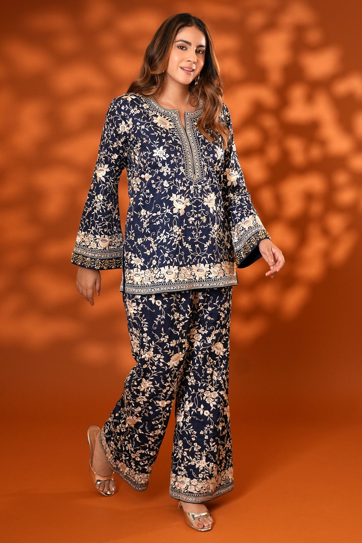 Midnight Blue Pure Silk Kundan Hand Embroidered Kurta Set