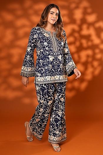 Midnight Blue Pure Silk Kundan Hand Embroidered Kurta Set