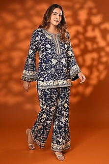 Midnight Blue Pure Silk Kundan Hand Embroidered Kurta Set