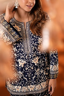 Midnight Blue Pure Silk Kundan Hand Embroidered Kurta Set