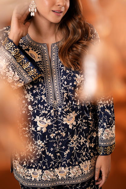 Midnight Blue Pure Silk Kundan Hand Embroidered Kurta Set