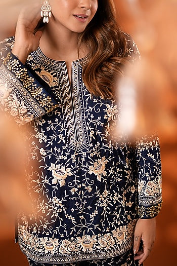 Midnight Blue Pure Silk Kundan Hand Embroidered Kurta Set