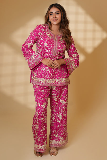 Rani Pink Pure Silk Kundan Hand Embroidered Kurta Set