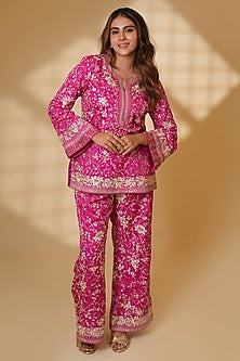 Rani Pink Pure Silk Kundan Hand Embroidered Kurta Set