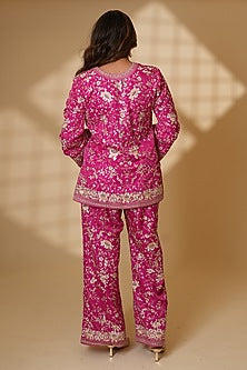 Rani Pink Pure Silk Kundan Hand Embroidered Kurta Set