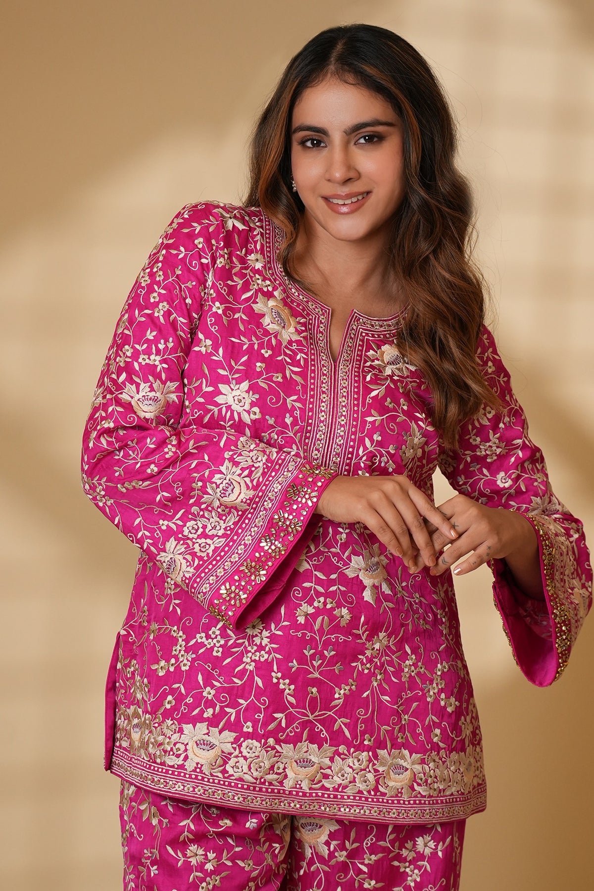 Rani Pink Pure Silk Kundan Hand Embroidered Kurta Set