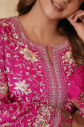 Rani Pink Pure Silk Kundan Hand Embroidered Kurta Set