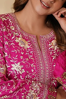 Rani Pink Pure Silk Kundan Hand Embroidered Kurta Set
