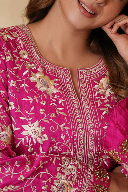 Rani Pink Pure Silk Kundan Hand Embroidered Kurta Set
