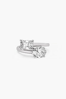 14kt White Gold Finish Lab Grown Oval & Emerald-Cut Diamond Toi Et Moi Ring