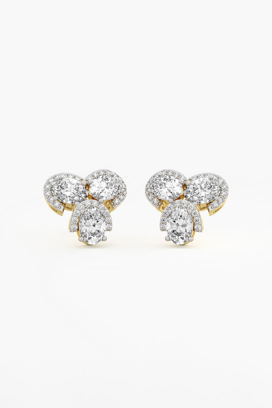 14kt Yellow Gold Finish Lab Grown Oval-Cut Diamond Cluster Earrings