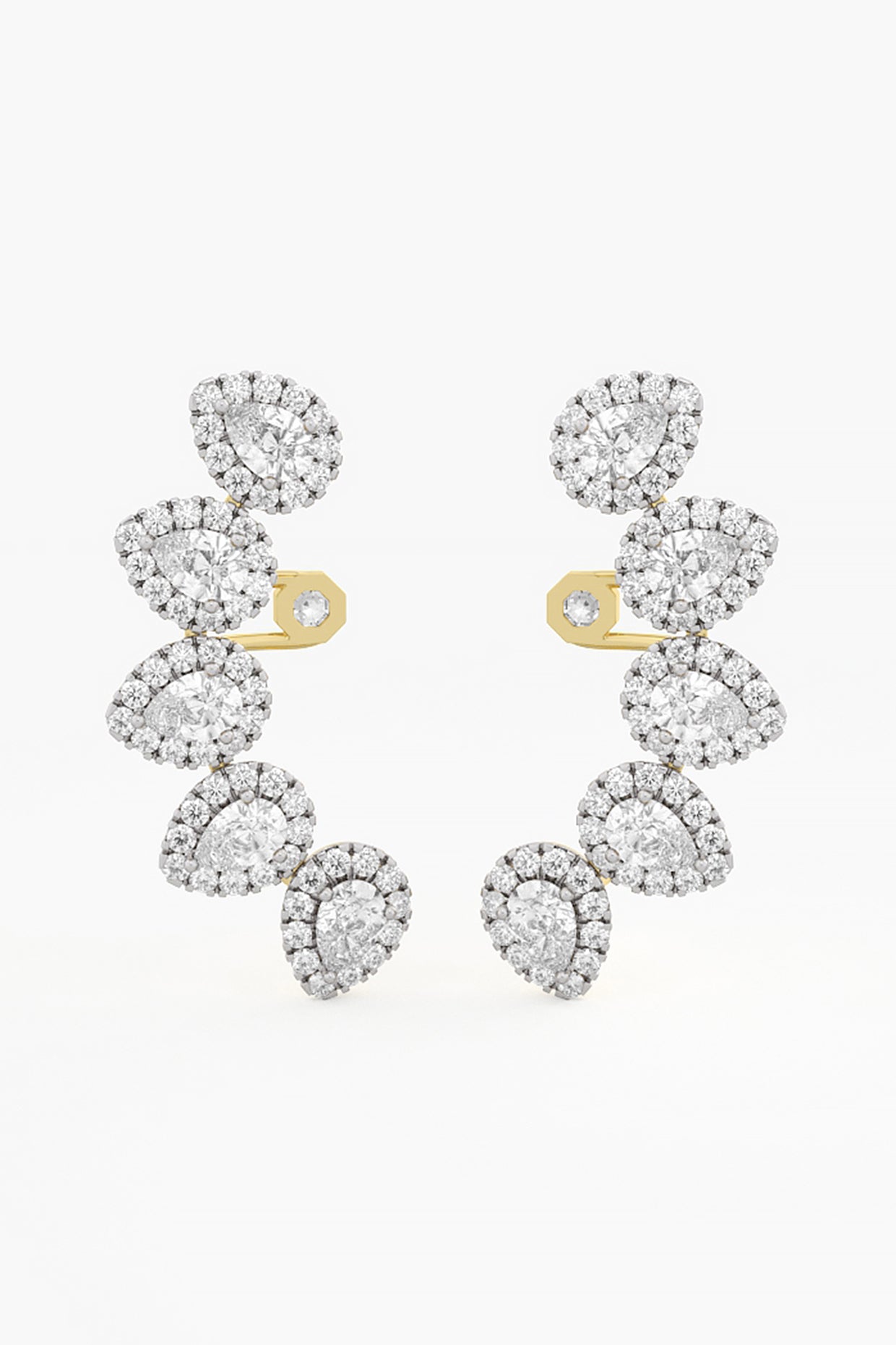 14kt Yellow Gold Finish Lab Grown Round & Pear-Cut Diamond Climber Earrings