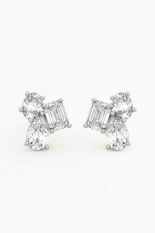 14kt Yellow Gold Finish Lab Grown Oval & Emerald-Cut Diamond Cluster Earrings