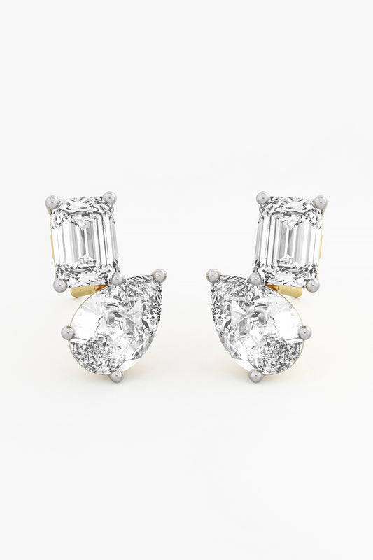 14kt Yellow Gold Finish Lab Grown Pear & Emerald-Cut Diamond Cluster Earrings
