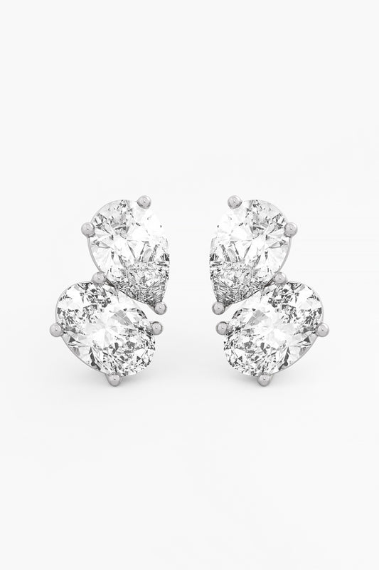 14kt White Gold Finish Lab Grown Pear & Oval-Cut Diamond Cluster Stud Earrings